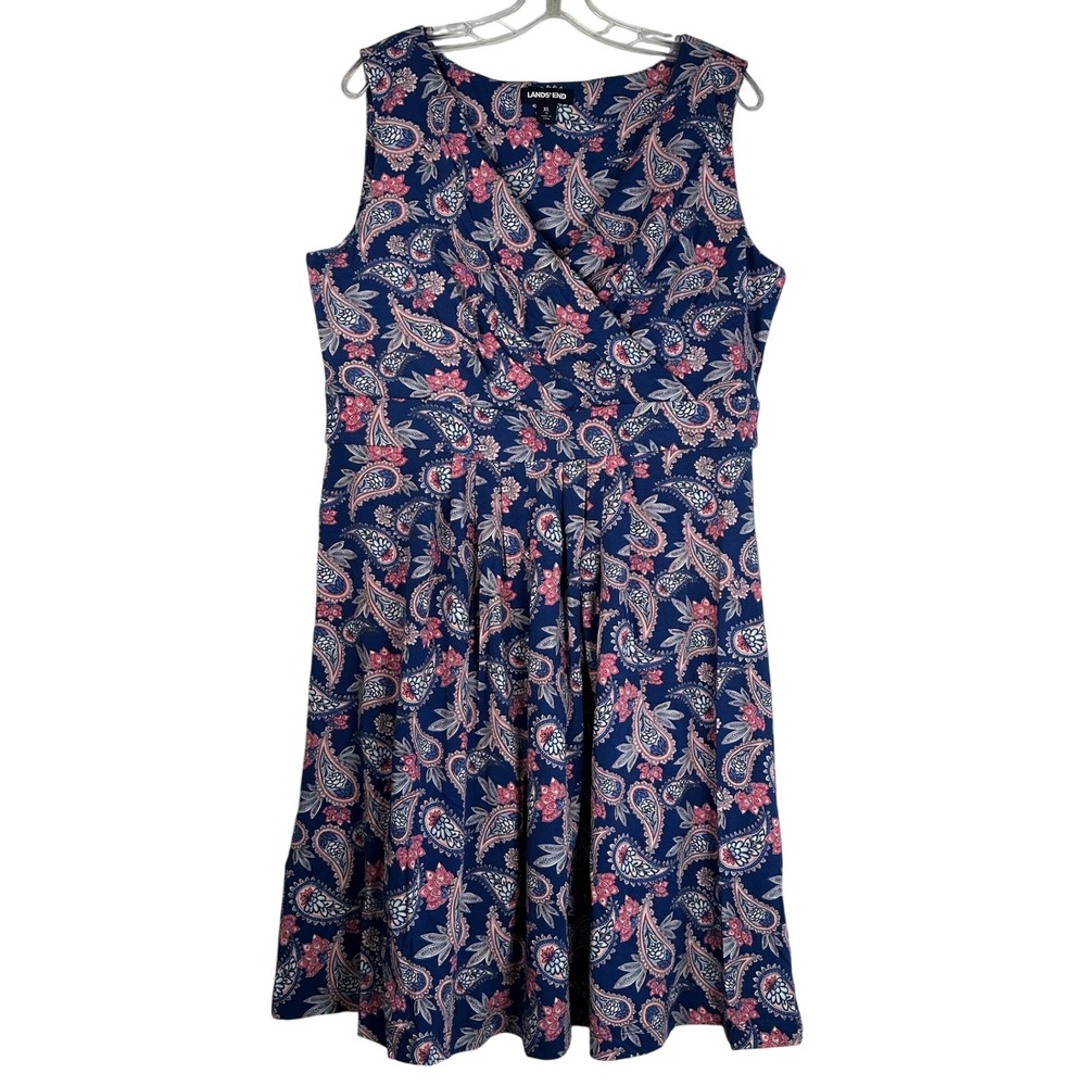 Lands End Womens XL 18 Navy Blue Paisley Pima Cotton Modal Surplice Dress